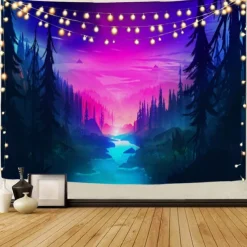 Mountain Sunrise Wall Tapestry Art Decor Blanket Curtain Picnic Tablecloth Hanging Home Bedroom Living Room Dorm Decoration Landscape Golden Sunset Forest Ink