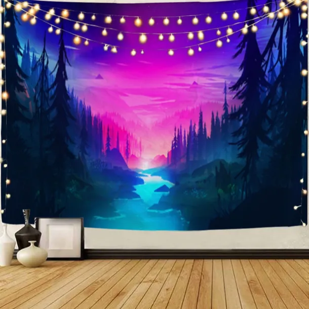 Mountain Sunrise Wall Tapestry Art Decor Blanket Curtain Picnic Tablecloth Hanging Home Bedroom Living Room Dorm Decoration Landscape Golden Sunset Forest Ink