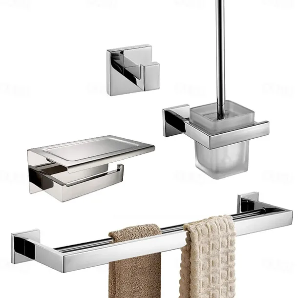 Multifunction Bathroom Accessory Set Stainless Steel Include Chrome Robe Hook and Polished Toilet Brush Holder/Toilet Paper Holder with Silver Tower Rack Wall Mount 4PCS