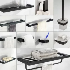 Multifunction Bathroom Accessory 1pc Include Towel Bar/Robe Hook/Towel Rack/Toothbrush Holder/Soap Dishes and Bath Shelf Stainless Steel Wall Mounted Matte Black