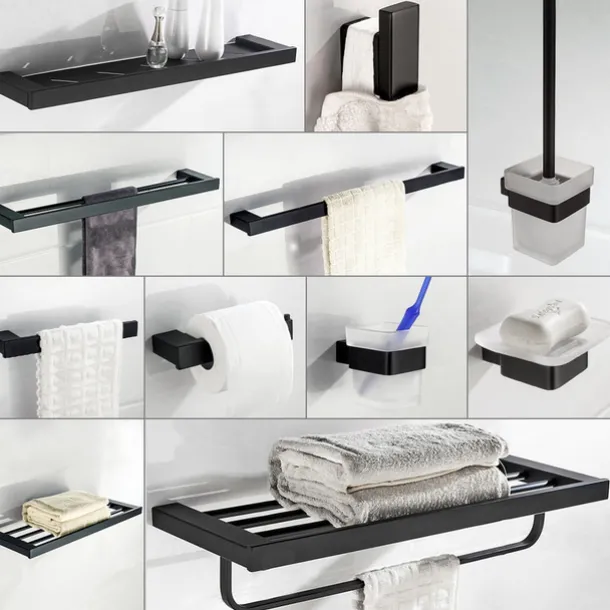 Multifunction Bathroom Accessory 1pc Include Towel Bar/Robe Hook/Towel Rack/Toothbrush Holder/Soap Dishes and Bath Shelf Stainless Steel Wall Mounted Matte Black