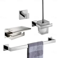 Multifunction Bathroom Accessory Set Stainless Steel with Toilet Paper Holder Robe Hook Toilet Brush Holder and Towel Rack Wall Mounted Silvery 4pcs