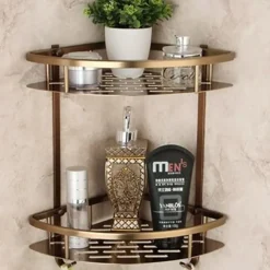 Multifunction Bathroom Corner Shelf with 2 Hooks Aluminum 2 Tiers Storage Rack for Toilet 1pc