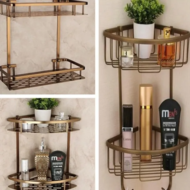 Multifunction Bathroom Corner Shelf with 2 Hooks Aluminum 2 Tiers Storage Rack for Toilet 1pc