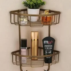 Multifunction Bathroom Corner Shelf with 2 Hooks Aluminum 2 Tiers Storage Rack for Toilet 1pc