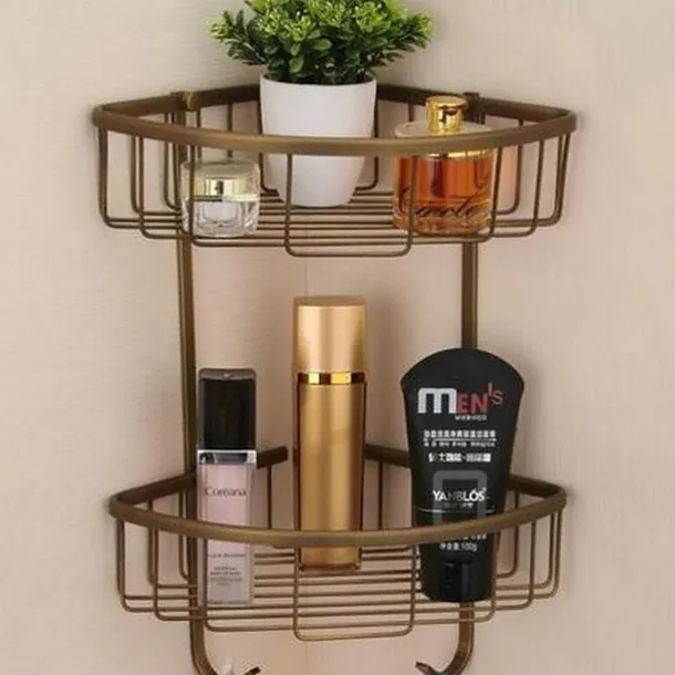 Multifunction Bathroom Corner Shelf with 2 Hooks Aluminum 2 Tiers Storage Rack for Toilet 1pc