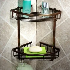 Multifunction Bathroom Corner Shelf with 2 Hooks Aluminum 2 Tiers Storage Rack for Toilet 1pc