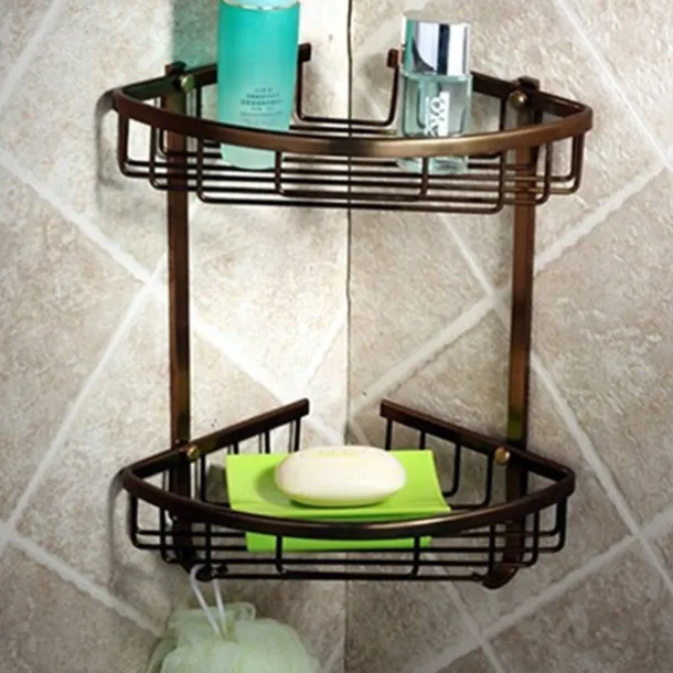 Multifunction Bathroom Corner Shelf with 2 Hooks Aluminum 2 Tiers Storage Rack for Toilet 1pc