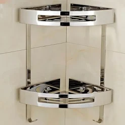 Multifunction Bathroom Shelf Modern Stainless Steel Wall Mounted Corner Shelf With Hooks Silvery 1pc