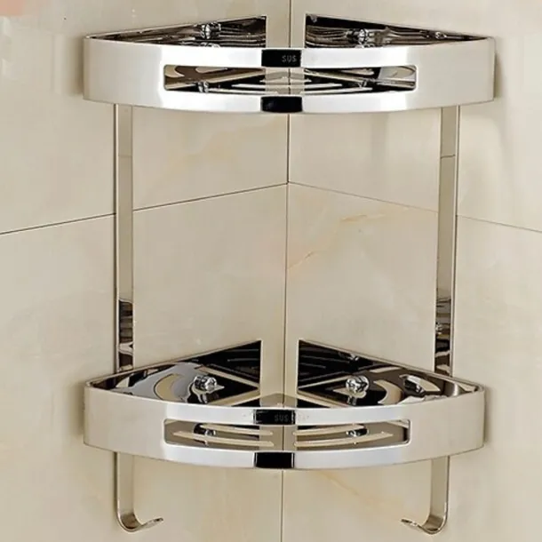 Multifunction Bathroom Shelf Modern Stainless Steel Wall Mounted Corner Shelf With Hooks Silvery 1pc