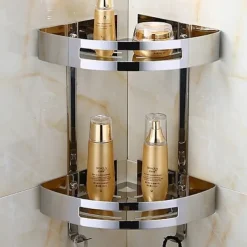 Multifunction Bathroom Shelf Modern Stainless Steel Wall Mounted Corner Shelf With Hooks Silvery 1pc