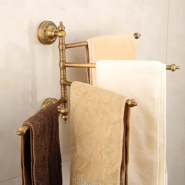 Multifunction Brushed Brass Towel holder Towel Rack Electroplated Brass Bathroom Shelf with 4 Rods Wall Mounted 1pc