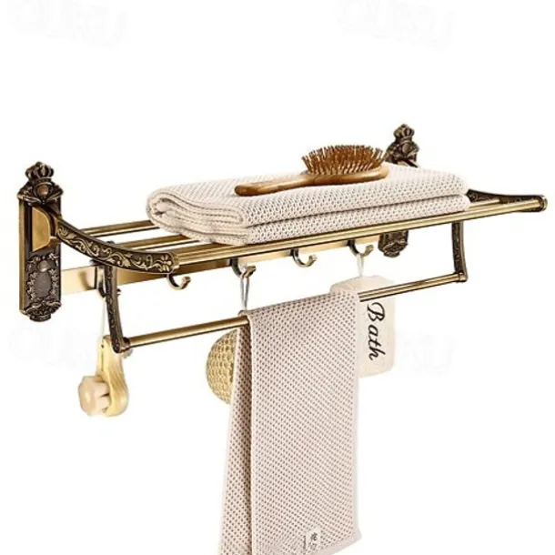Multifunction Carved Towel Bar Antique Aluminum Bathroom Shelf with 5 Hooks Wall Mounted 1pc