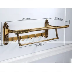 Multifunction Carved Towel Bar Antique Aluminum Bathroom Shelf with 5 Hooks Wall Mounted 1pc