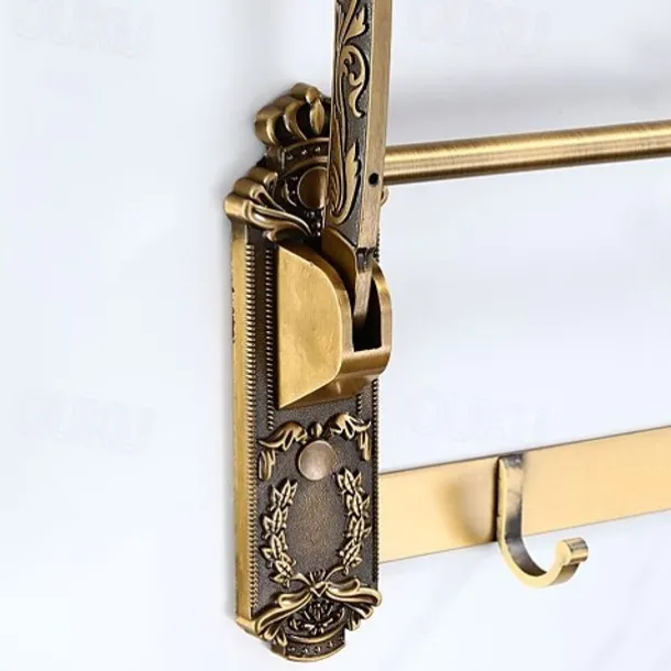 Multifunction Carved Towel Bar Antique Aluminum Bathroom Shelf with 5 Hooks Wall Mounted 1pc