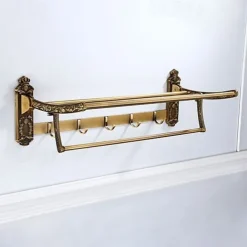 Multifunction Carved Towel Bar Antique Aluminum Bathroom Shelf with 5 Hooks Wall Mounted 1pc