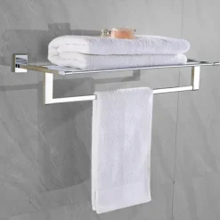 Multifunction Towel Rail Rack Holder Foldable Modern Solid Brass Bathroom Shelf with Hooks Wall Mounted Silvery