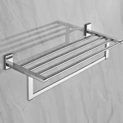 Multifunction Towel Rail Rack Holder Foldable Modern Solid Brass Bathroom Shelf with Hooks Wall Mounted Silvery