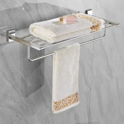 Multifunction Towel Rail Rack Holder Foldable Modern Solid Brass Bathroom Shelf with Hooks Wall Mounted Silvery