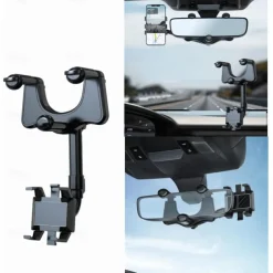 Multifunctional 360 Rotatable Car Rearview Mirror Phone Holder Mount Multifunctional Rearview Mirror Phone Holder Adjustable Universal Cell Phone Holder for Car Compatible All Smartphones