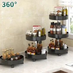 Multifunctional Kitchen 360 Rotating Storage Rack Spice Box Shelf Height Adjustable Bathroom Cosmetics Organizer