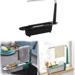 Multifunctional Kitchen Telescopic Rack Adjustable 2-in-1 Sink Organizer, Expandable Sink Basket, Sink Drain Rack, Sink Tray, Sponge Holder+Dish Cloth Hanger Random Color