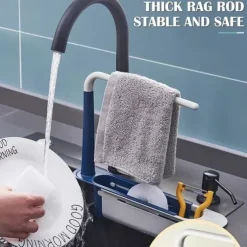 Multifunctional Kitchen Telescopic Rack Adjustable 2-in-1 Sink Organizer, Expandable Sink Basket, Sink Drain Rack, Sink Tray, Sponge Holder+Dish Cloth Hanger Random Color