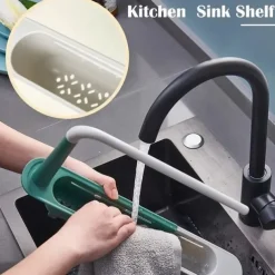 Multifunctional Kitchen Telescopic Rack Adjustable 2-in-1 Sink Organizer, Expandable Sink Basket, Sink Drain Rack, Sink Tray, Sponge Holder+Dish Cloth Hanger Random Color