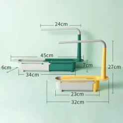 Multifunctional Kitchen Telescopic Rack Adjustable 2-in-1 Sink Organizer, Expandable Sink Basket, Sink Drain Rack, Sink Tray, Sponge Holder+Dish Cloth Hanger Random Color