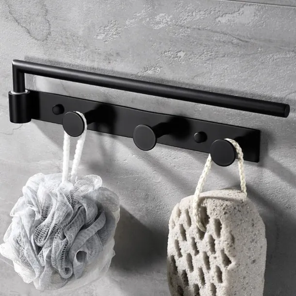 Multifunctional Rotating Towel Bar with 3 Rows of Hooks Stainless Steel Material Wall Mounted for Bathroom 1pc