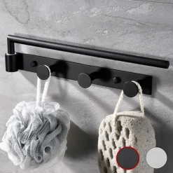Multifunctional Rotating Towel Bar with 3 Rows of Hooks Stainless Steel Material Wall Mounted for Bathroom 1pc