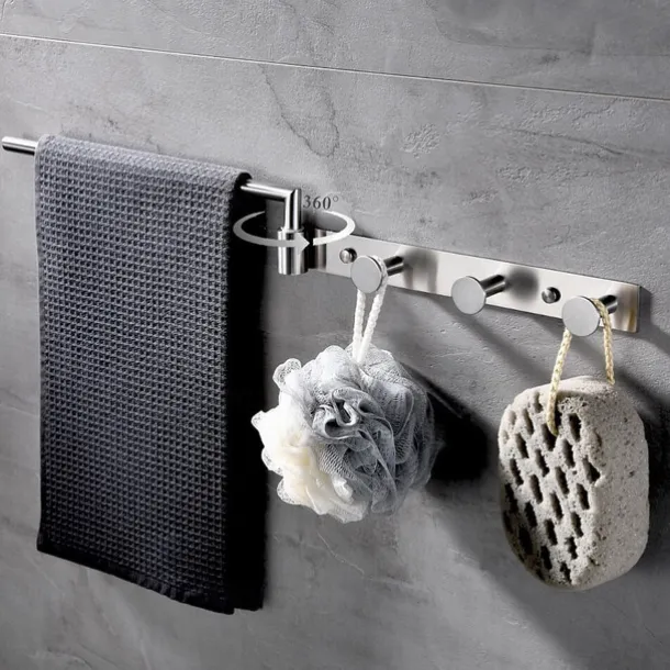 Multifunctional Rotating Towel Bar with 3 Rows of Hooks Stainless Steel Material Wall Mounted for Bathroom 1pc