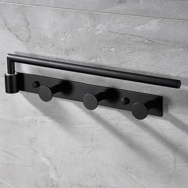 Multifunctional Rotating Towel Bar with 3 Rows of Hooks Stainless Steel Material Wall Mounted for Bathroom 1pc