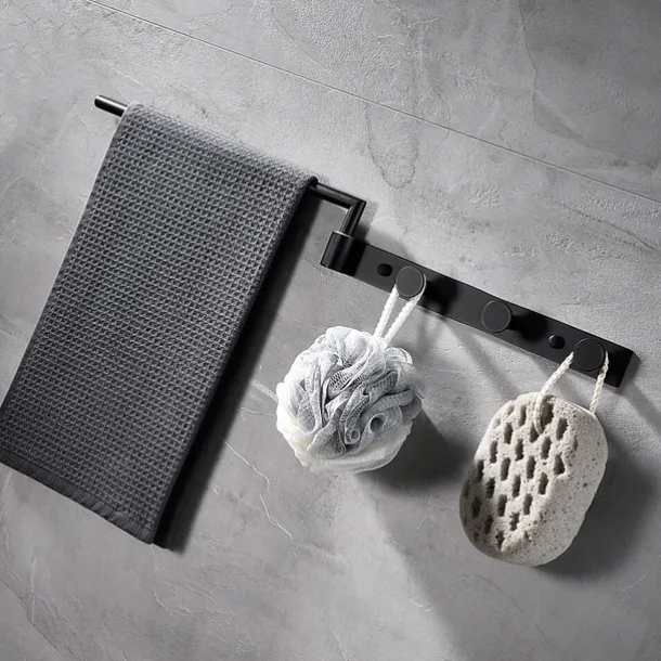 Multifunctional Rotating Towel Bar with 3 Rows of Hooks Stainless Steel Material Wall Mounted for Bathroom 1pc