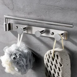 Multifunctional Rotating Towel Bar with 3 Rows of Hooks Stainless Steel Material Wall Mounted for Bathroom 1pc