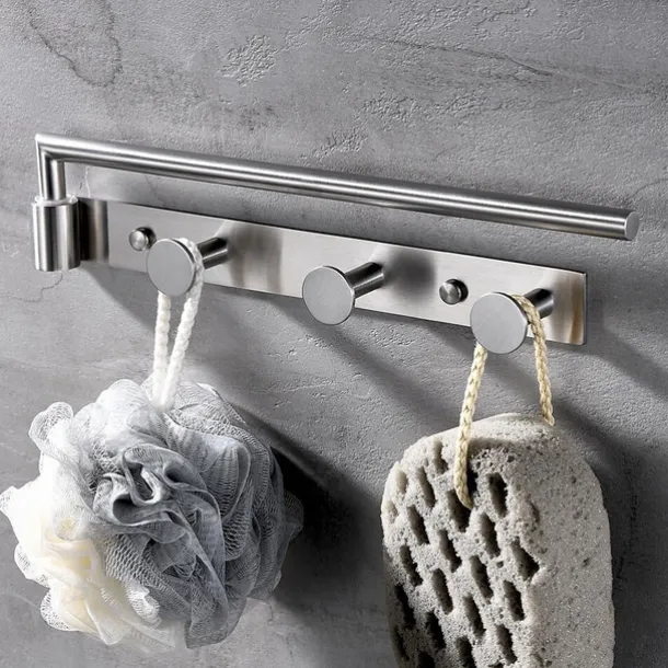 Multifunctional Rotating Towel Bar with 3 Rows of Hooks Stainless Steel Material Wall Mounted for Bathroom 1pc