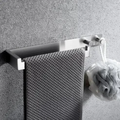 Multifunctional Towel Bar with Coat Hooks Punch-free Self-adhesive Bathroom Shelf Stainless Steel Brushed Silver and Black 1pc