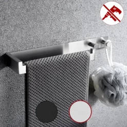 Multifunctional Towel Bar with Coat Hooks Punch-free Self-adhesive Bathroom Shelf Stainless Steel Brushed Silver and Black 1pc