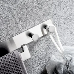 Multifunctional Towel Bar with Coat Hooks Punch-free Self-adhesive Bathroom Shelf Stainless Steel Brushed Silver and Black 1pc