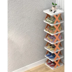 Multilayer Tier Narrow Shoe Rack, Small Vertical Shoe Stand, Space Saving DIY Free Standing Shoes Storage Organizer for Entryway, Closet, Hallway, Easy Assembly and Stable in Structure