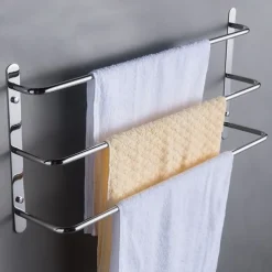Multilayer Towel Rack Contemporary Stainless Steel Bathroom Shelf with 3-towel Bar Wall Mounted Polished Silvery 1PC 45CM