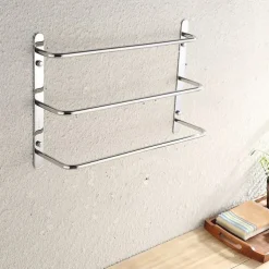 Multilayer Towel Rack Contemporary Stainless Steel Bathroom Shelf with 3-towel Bar Wall Mounted Polished Silvery 1PC 45CM
