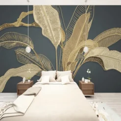 Mural Wallpaper Wall Sticker Covering Print Gold Tropical Palm Leaf Canvas Home Décor Peel and Stick Removable