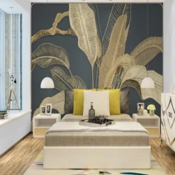 Mural Wallpaper Wall Sticker Covering Print Gold Tropical Palm Leaf Canvas Home Décor Peel and Stick Removable