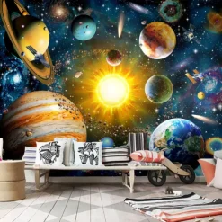 Mural Wallpaper Wall Sticker Covering Print Peel and Stick Self Adhesive Children Cartoon Planet World Party Birthday PVC Vinyl Home Decor