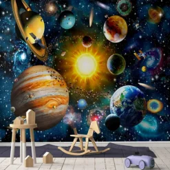 Mural Wallpaper Wall Sticker Covering Print Peel and Stick Self Adhesive Children Cartoon Planet World Party Birthday PVC Vinyl Home Decor
