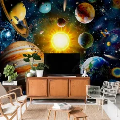 Mural Wallpaper Wall Sticker Covering Print Peel and Stick Self Adhesive Children Cartoon Planet World Party Birthday PVC Vinyl Home Decor
