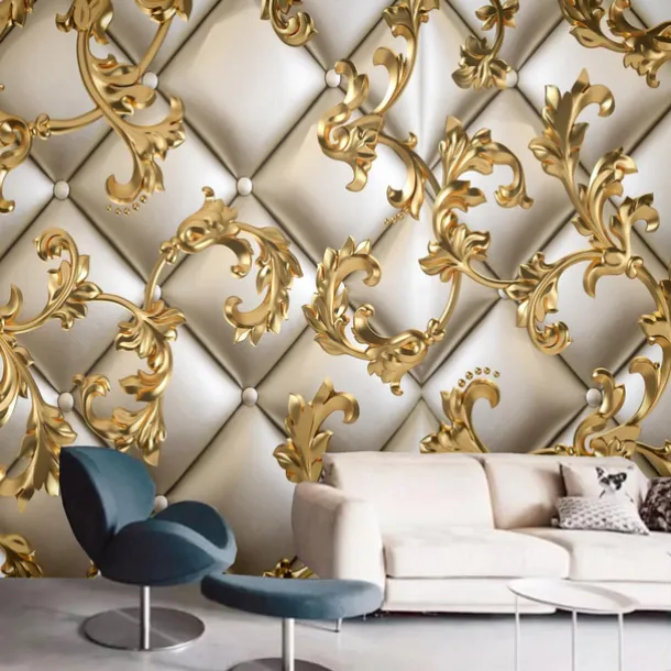 Mural Wallpaper Wall Sticker Covering Print Golden Leaf Leather Faux 3D Canvas Home Decor for Home Living Room Bedroom Indoor and TV Background