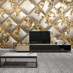 Mural Wallpaper Wall Sticker Covering Print Golden Leaf Leather Faux 3D Canvas Home Decor for Home Living Room Bedroom Indoor and TV Background