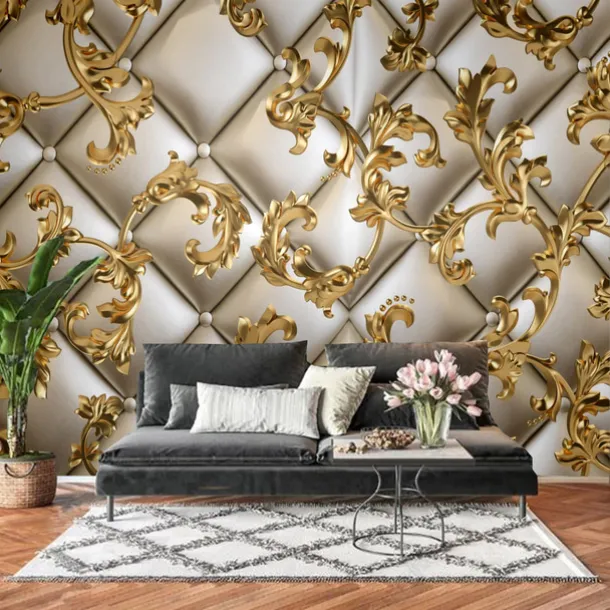Mural Wallpaper Wall Sticker Covering Print Golden Leaf Leather Faux 3D Canvas Home Decor for Home Living Room Bedroom Indoor and TV Background